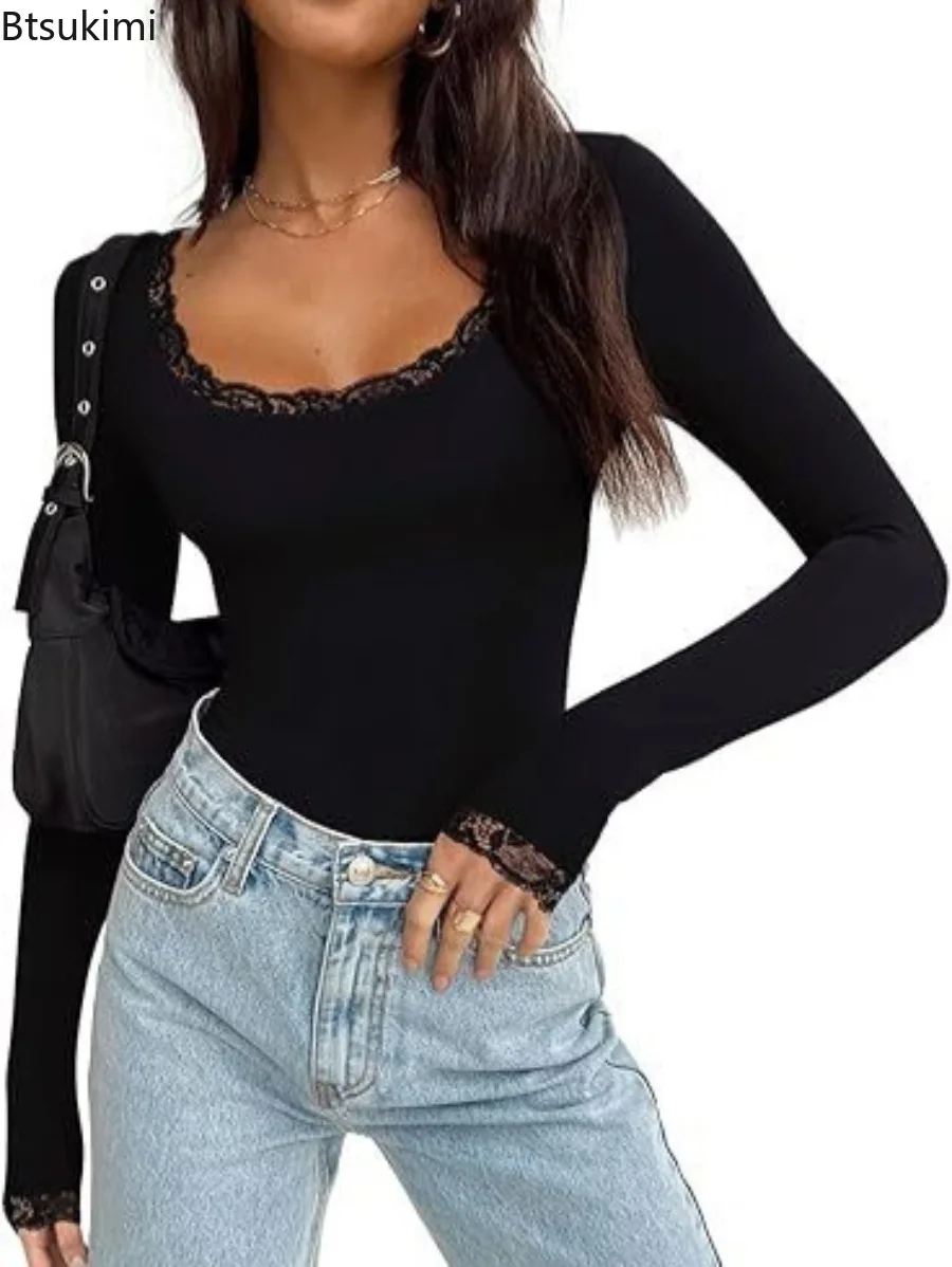 Damski seksowny kombinezon z koronką, okrągły dekolt, bezszwowy, długi rękaw, seksowny, nowy styl na wiosnę 2025, jednolity kolor, dopasowany krój, koszulka z długim rękawem.