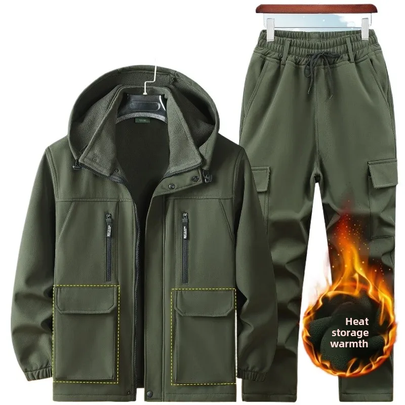 

Winter Men Thickened Jacket Set Fleece Cold-proof Warm Work Clothes Casual Multiple Pockets Windproof Hooded Pants Sweatwear Set