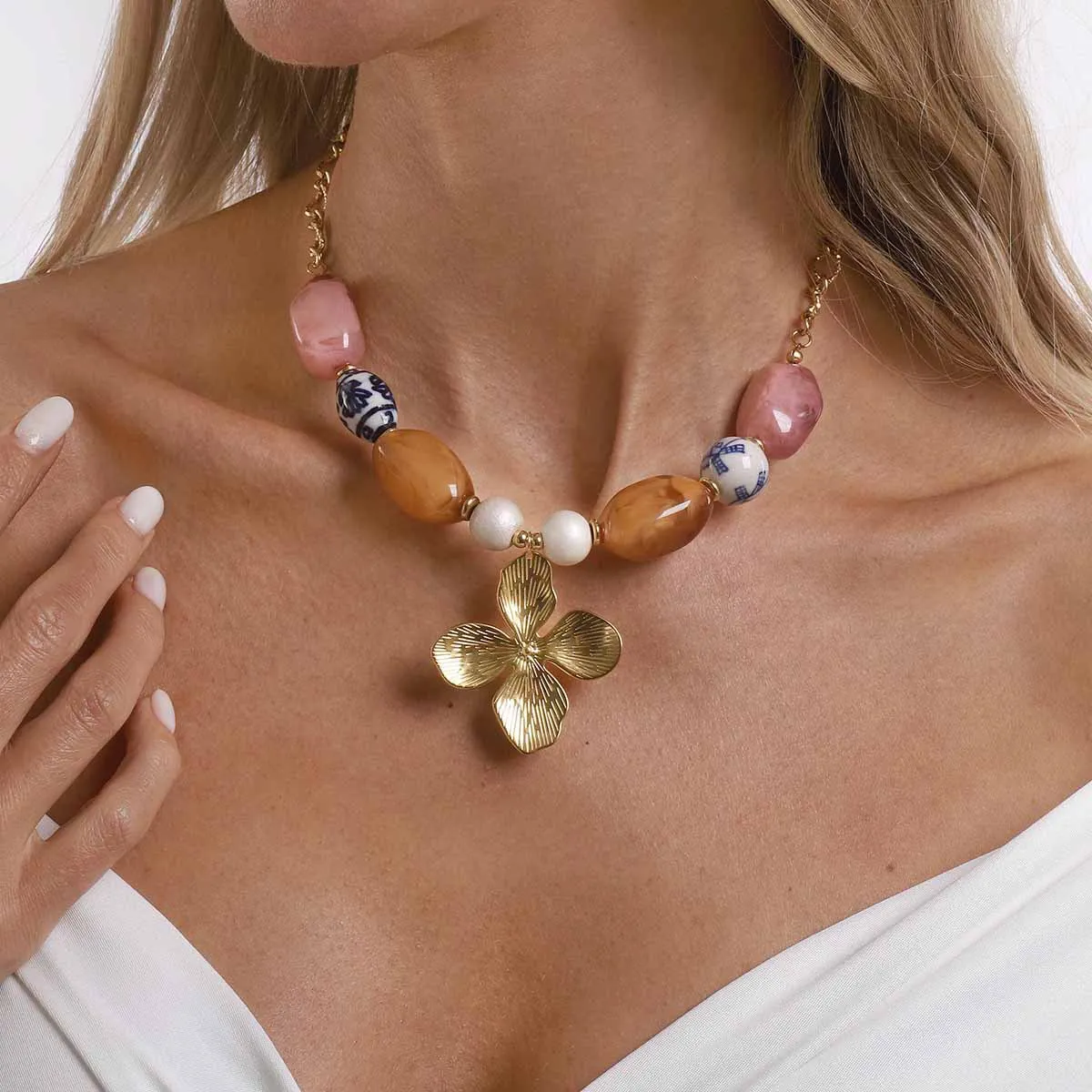 Colorful Bead Long Layering Necklace Abstract Flower Heart Sun Pendant Assorted Geometric Strand Statement Choker Jewelry