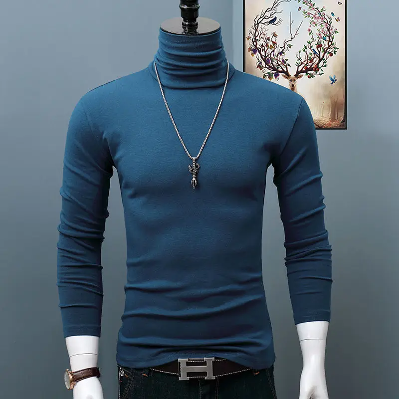 Men's Classic Autumn Winter Turtleneck T-Shirt Dark Red Stretch Casual Turtleneck Top Plus Size Long Sleeve Tee Shirts Young Men image 5