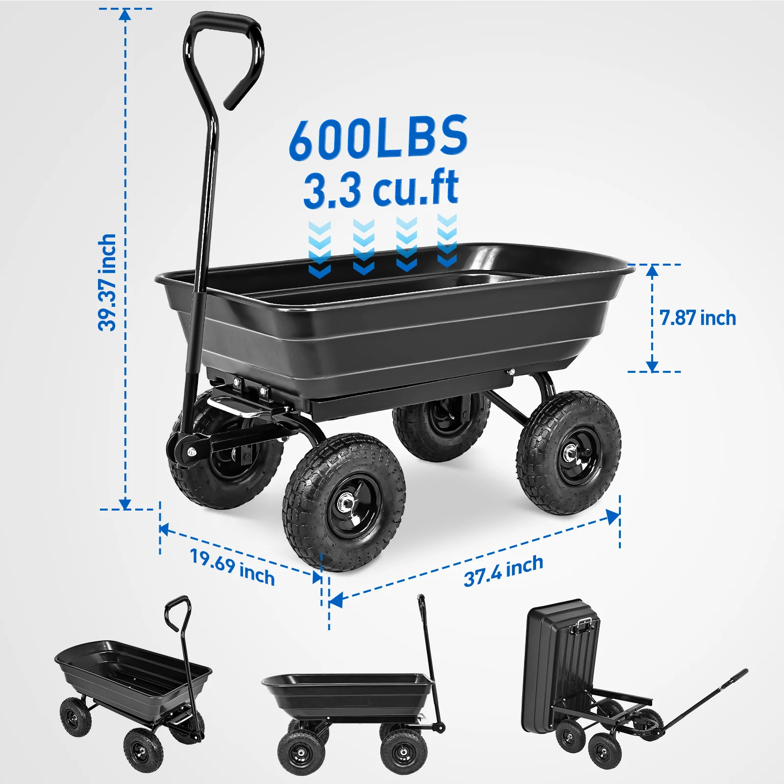 Garden Carts - 600lbs Dump Wagon with All Terrain Inflatable Wheels for Yard Lawn Farms Gardening - Heavy Duty Utility Outdoor Hauling Wheelbarrow