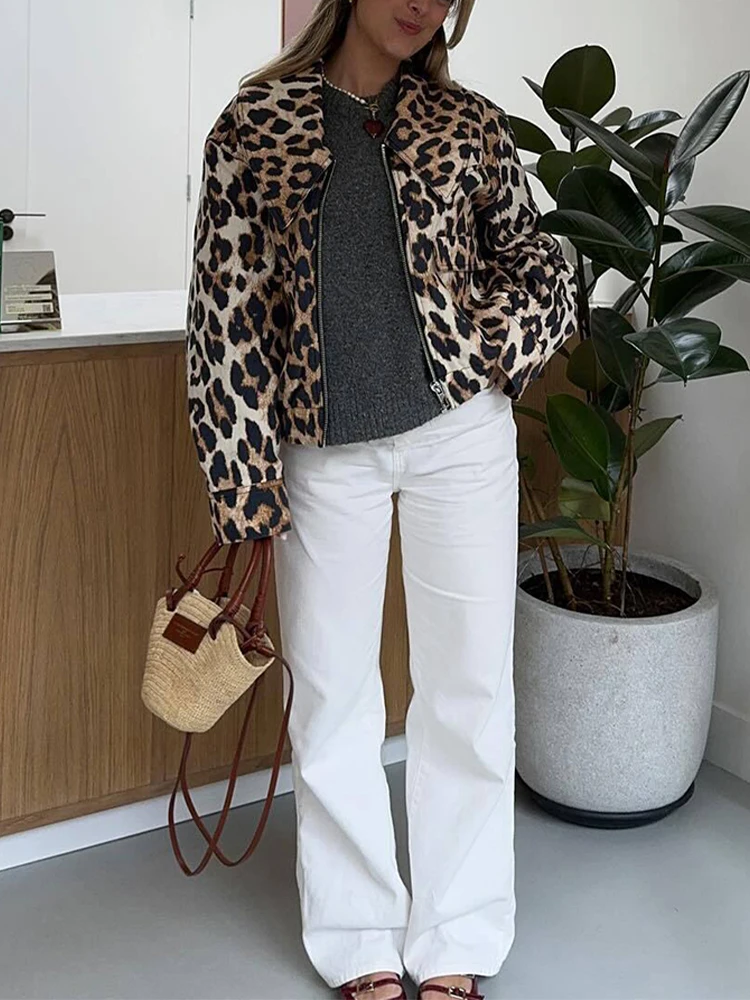HH Vintage Casual Women Jackets Leopard Print Zippers Turn-down Collar Short Coats New Fashion 2024 Spring Holiday Jackets
