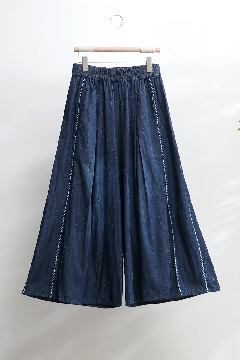 TIYIHAILEY Free Shipping Wide Leg Long Pants For Women Trousers Denim Jeans Elastic Waist Ripped Casual Pants With Pockets