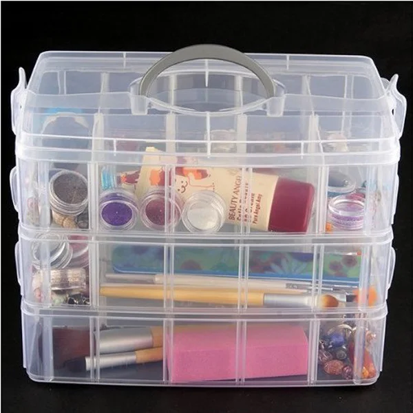 3-lagige transparente Kunststoff-Aufbewahrungsbox, Schmuck-Organizer, abnehmbare Fächer, Tragegriff, Make-up-Behälter
