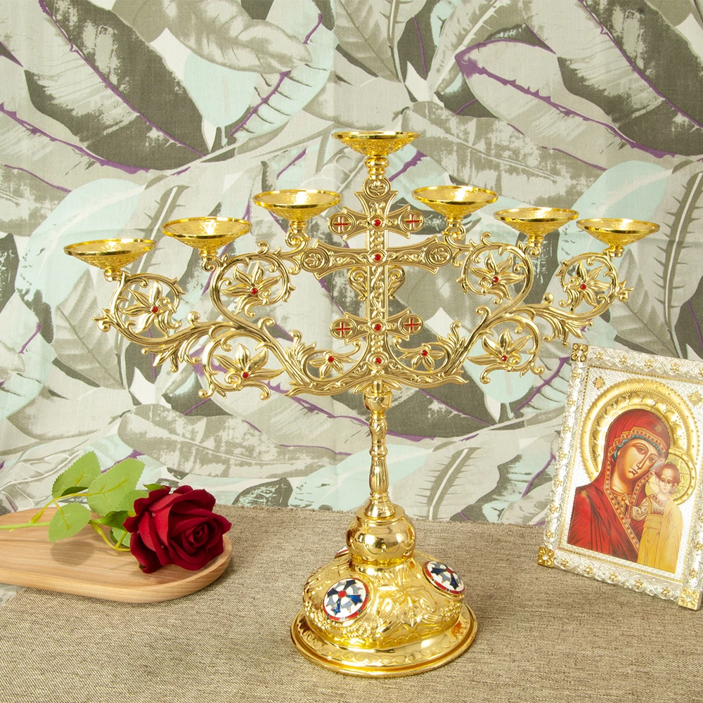 HT Hot New Selling Metal Alloy 7 Branch Candle Holder For Church Home Decoration Gold Plated Orthodox Candle Stand Manufacturer
