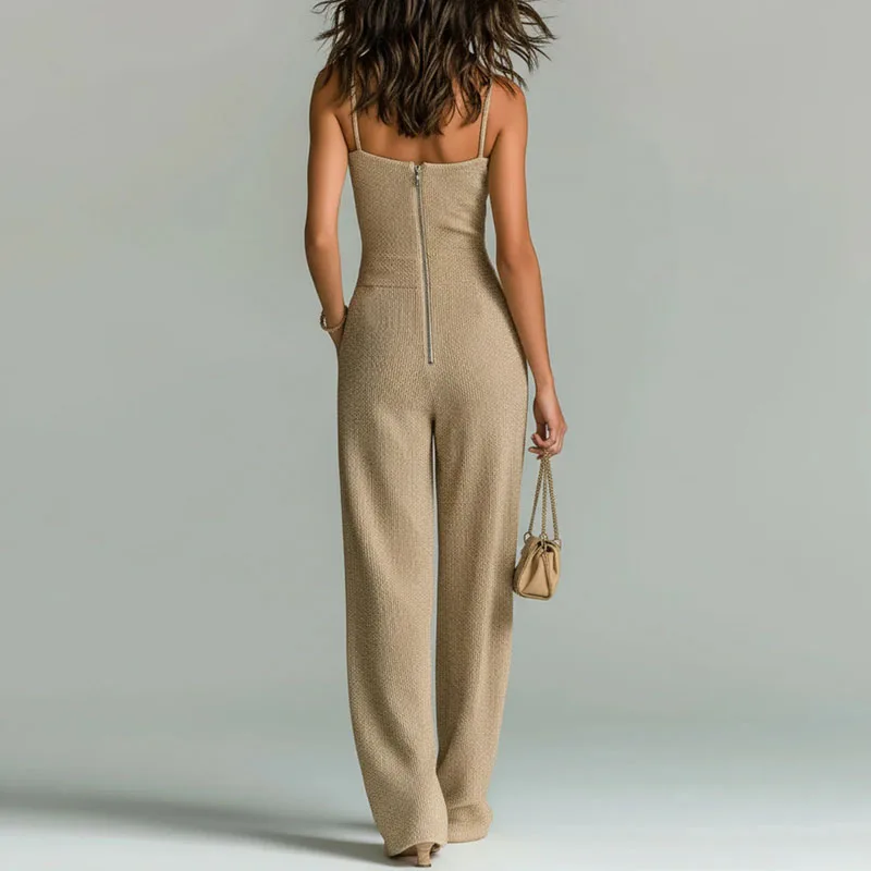 Women's Spaghetti Strap Jumpsuit Square Neck Sleeveless High Waist Wide Romper Sexy Casual Loose Solid Streetwear Beach Playsuit