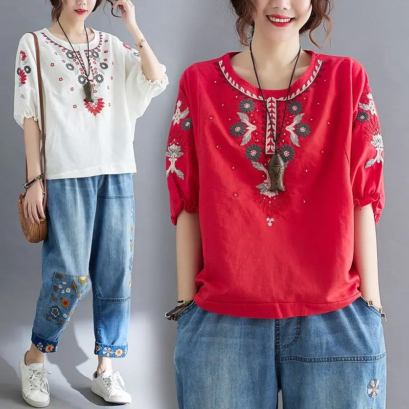 

Vintage Indie Folk Cotton Linen Embroidered O-neck Short Sleeve T-Shirt Women Summer Fashion Office Lady All-match Trend Tops