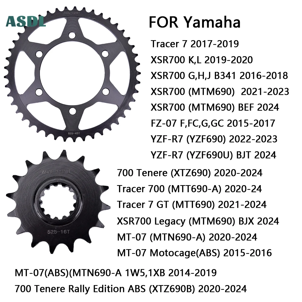 525 45T 16T Front Rear Sprockets For Yamaha Tracer 7 GT/700 XSR700 MTM MTT MTN 690 FZ-07 YZF-R7 YZF690 700 Tenere XTZ690 MT-07