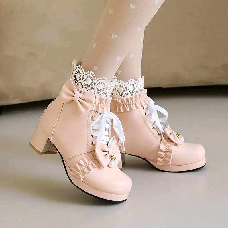 Big Size 28-43 Girls Boots Ruffles Vintage Lolita Women Wedding Boots Black White Pink Lace Up Chunky High Heels Platform Shoes