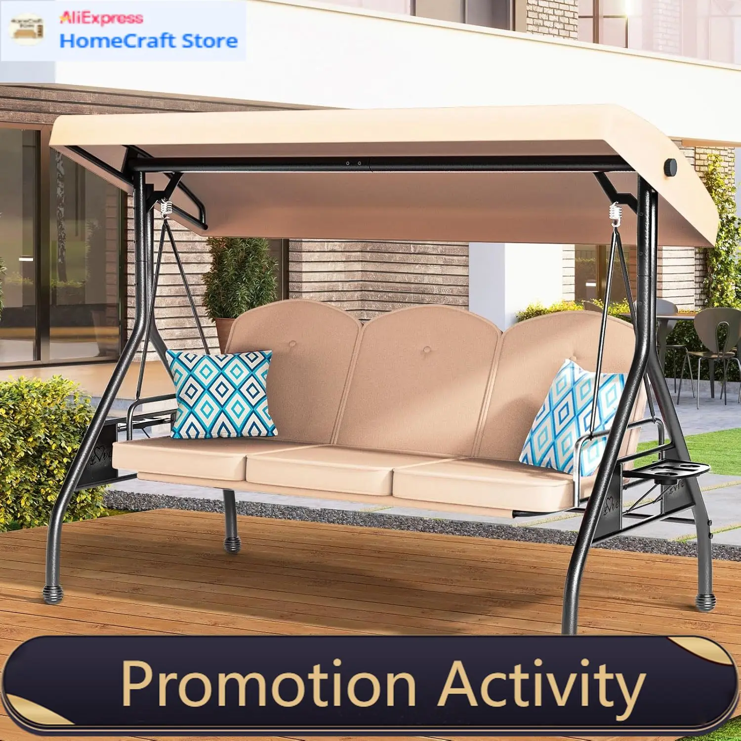 

Уличные качели-кровать 2-в-1 с регулируемым навесом и съемной подушкой, 800 фунтов, для сада, двора, террасы, круглая труба, цвет хаки