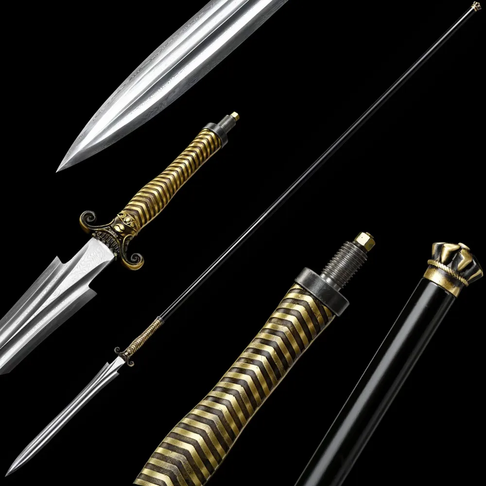 Wonderful Chinese KungFu Spear HandGorged Damascua Steel Spearhead Long Steel Handle Hunting Copper Carved Fittings