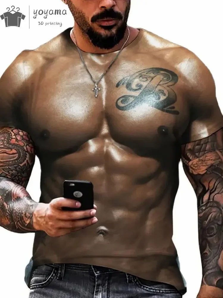 3D-Gedrucktes Schnelltrocknendes Atmungsaktives Herren-T-Shirt mit Fake-Muskeln für Sport, Outdoor, Streetwear, Trendy-Style, Rollenspiel, Party, O-Ausschnitt-Oberteil – Detail 6