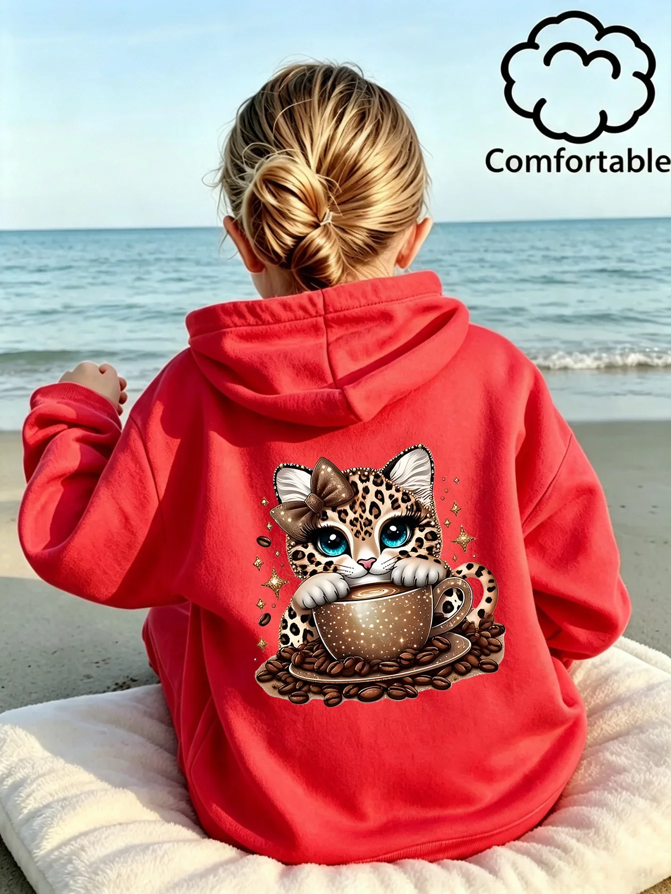 Kids Girls Black Cute Leopard Cat Graphic Printed Hoodie Teen Coffee Cup Kitten Sweatshirt Loose Back Print Autumn Top