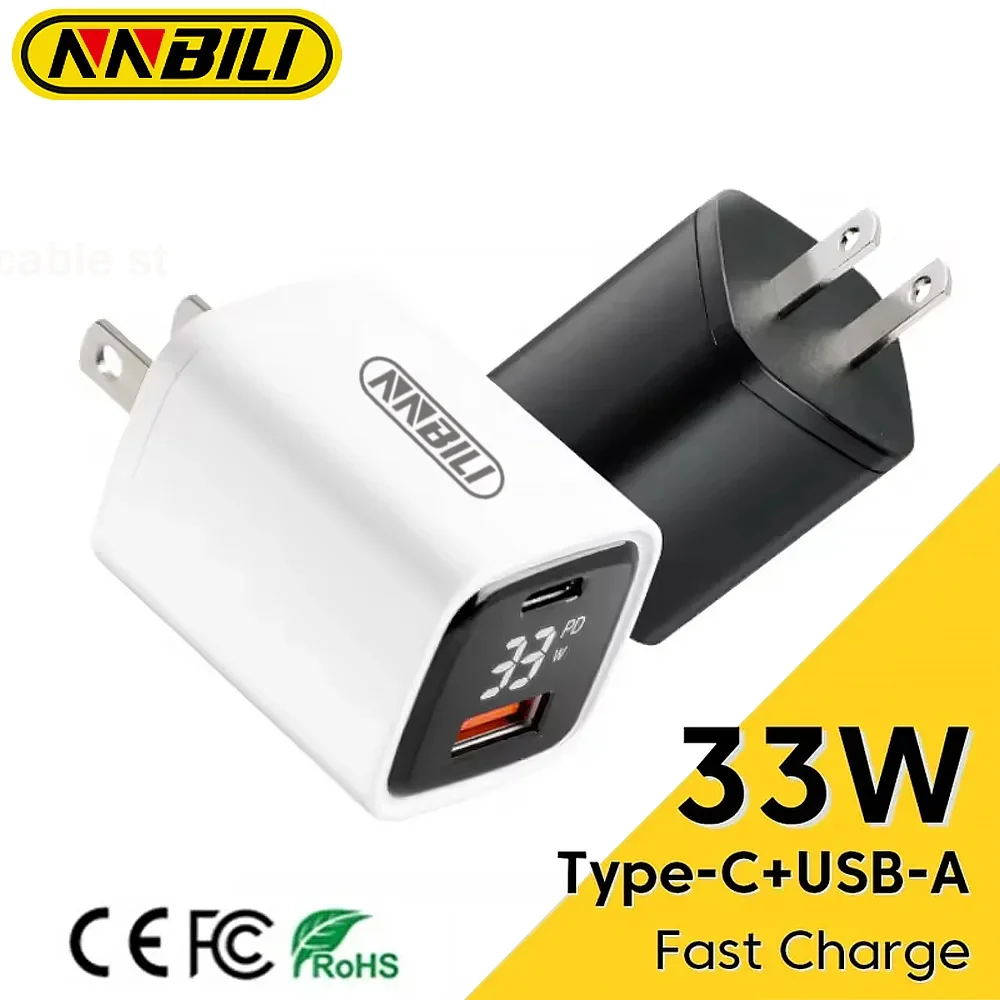 

NNBILI 33W GaN Charger LED Display QC3.0 30W 25W PD PPS Quick Charge USB Type C Charger For iPhone 15 Pro Samsung S24 Xiaomi 14