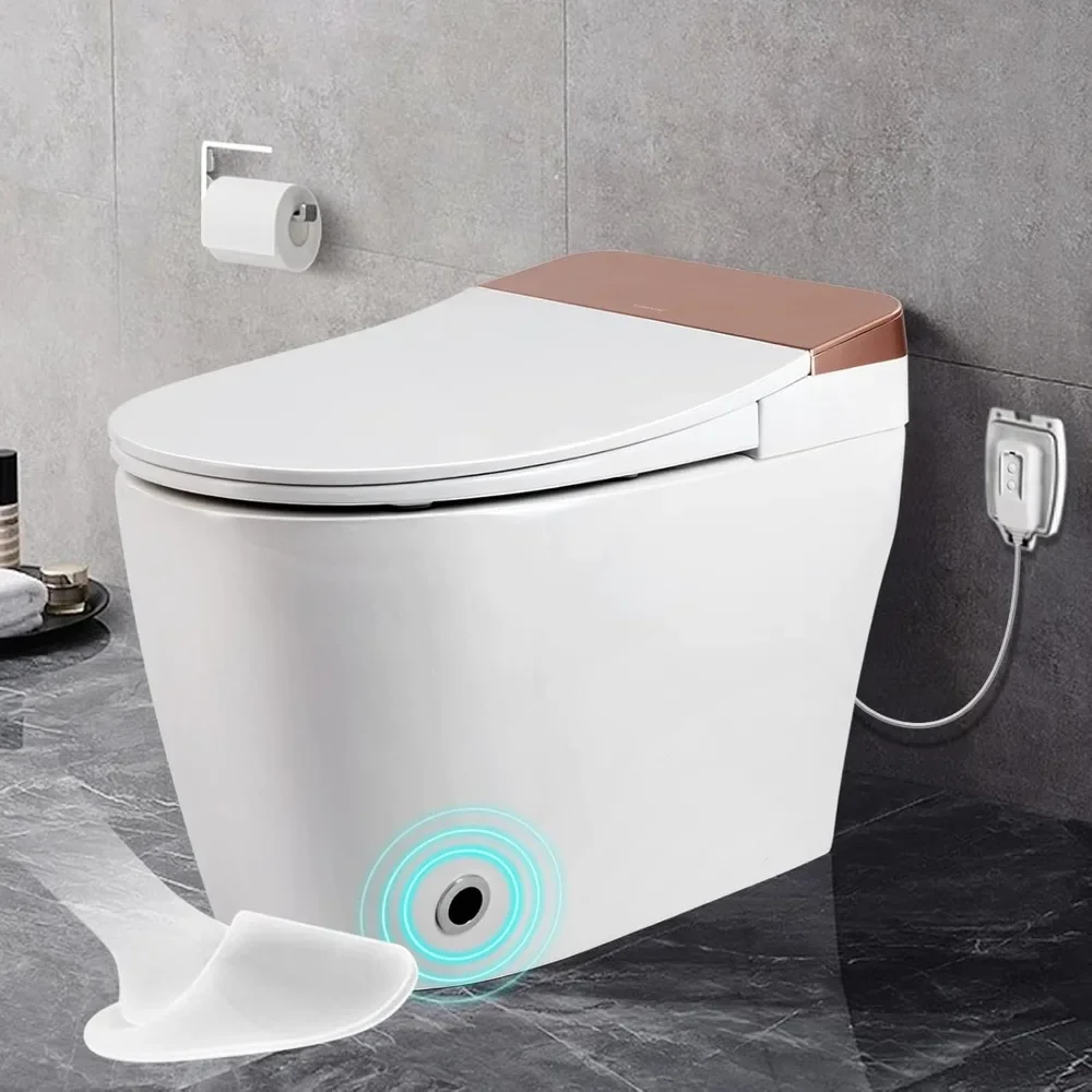 Smart Toilet, Heated Seat, Foot Sensor Flush, Automatic Powerful Flush, Tankless Toilet without Bidet, Knob Control White Night