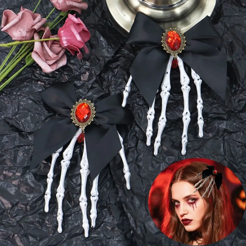 

Bowknot Ghost Claw Hair Clip Rhinestone Cosplay Headdress Skeleton Hand Hairpin Gothic Halloween Headwear Halloween Party Supply