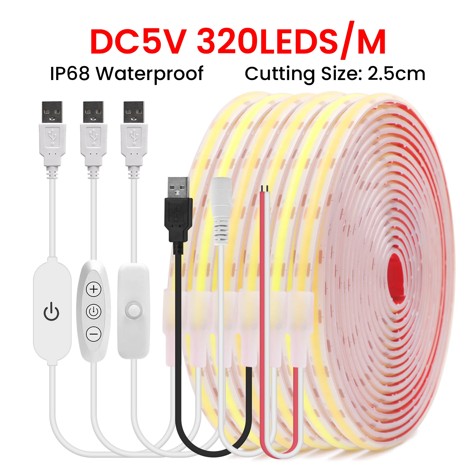 IP68 Waterproof COB Strip 5V 320Leds/M 3000K 4000K 6000K 2PIN/DC/USB Flexible Ribbon Rope LED Light For Home Garden Decor