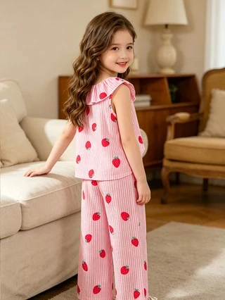Girls Strawberry Print Sleeveless Set, Summer Ruffle Collar Tank Top & Striped Wide‑leg Pants, Girls Casual Loungewear 2‑Piece O