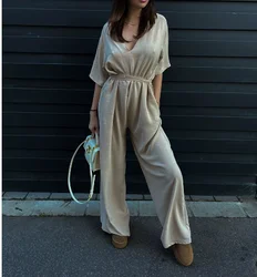 jumpsuit woman 2025 Fashion Jumpsuit Solid Color V-Neck High Waist Lace Up Loose Pocket Design Jumpsuit wide leg pants woman