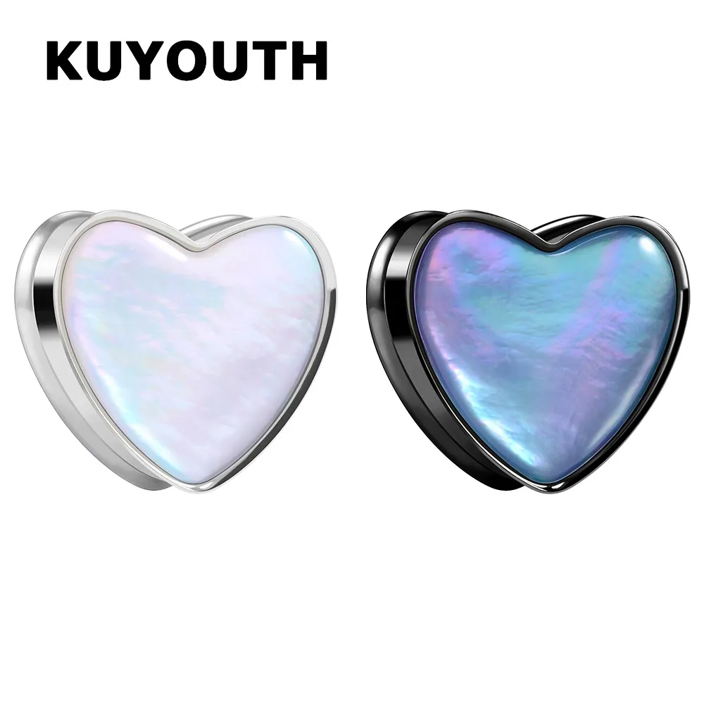 

KUYOUTH New Stainless Steel Heart Shaped Natural Shell Ear Tunnels Expanders Body Piercing Jewelry Earring Stretchers 2PCS