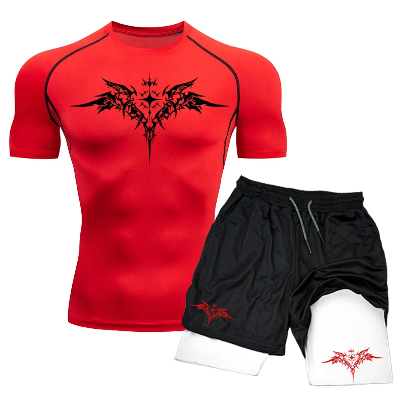 Men Compression Set Short Sleeve Gym Top+Workout Shorts Double Layer Quick Dry Gym Training Athletics Rashguard Shirt 2pcs Suit