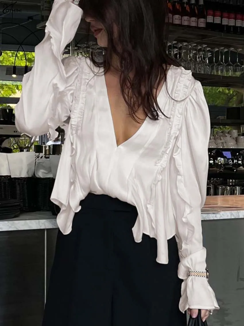 

Oymimi Casual White Deep V-Neck Women's Shirt Fashion Long Sleeve Ruffled Slim Blouses Elegant Solid Satin Shirts Female Clothes