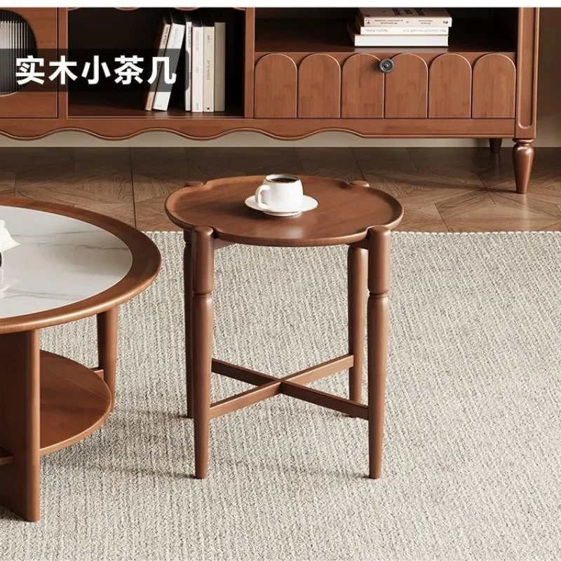 Mesa de centro francesa de losa de roca redonda de madera maciza, estilo medio y antiguo, hogar pequeño y sencillo