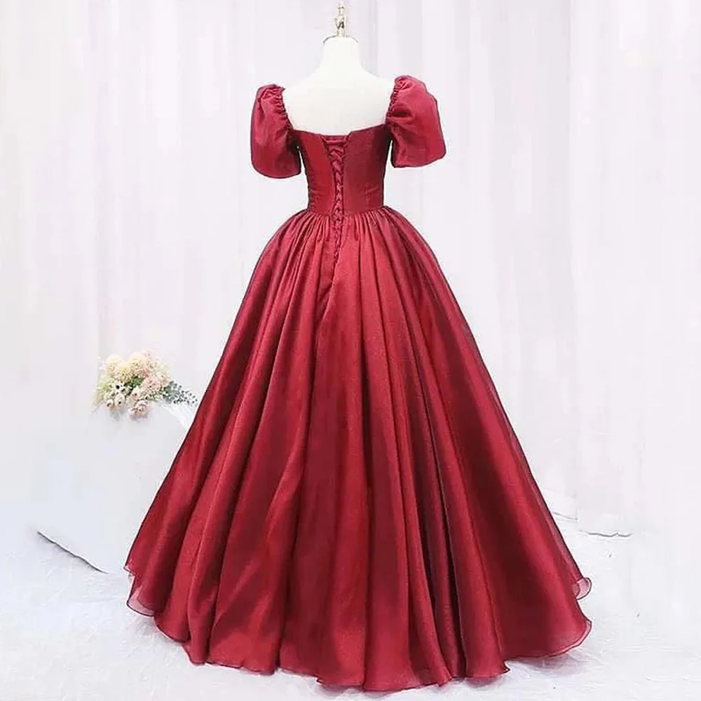 A-Line Strapless Puff Sleeves Satin Half Sleeves Burgundy Formal and Temperament  Evening Dresses Pleats Ruffles Lace Up Back