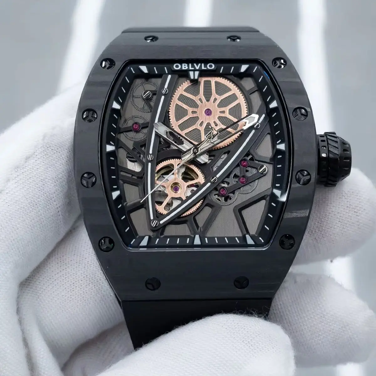 

OBLVLO Men Automatic Watch 43mm Tonneau Mechanical Wristwatch Skeleton Dial 50M Waterproof Luminous Miyota 82S7