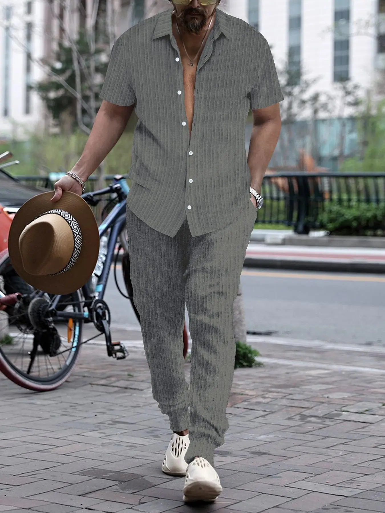 2024 new men\'s shirt casual short sleeve pants beach suit lapel solid color suit