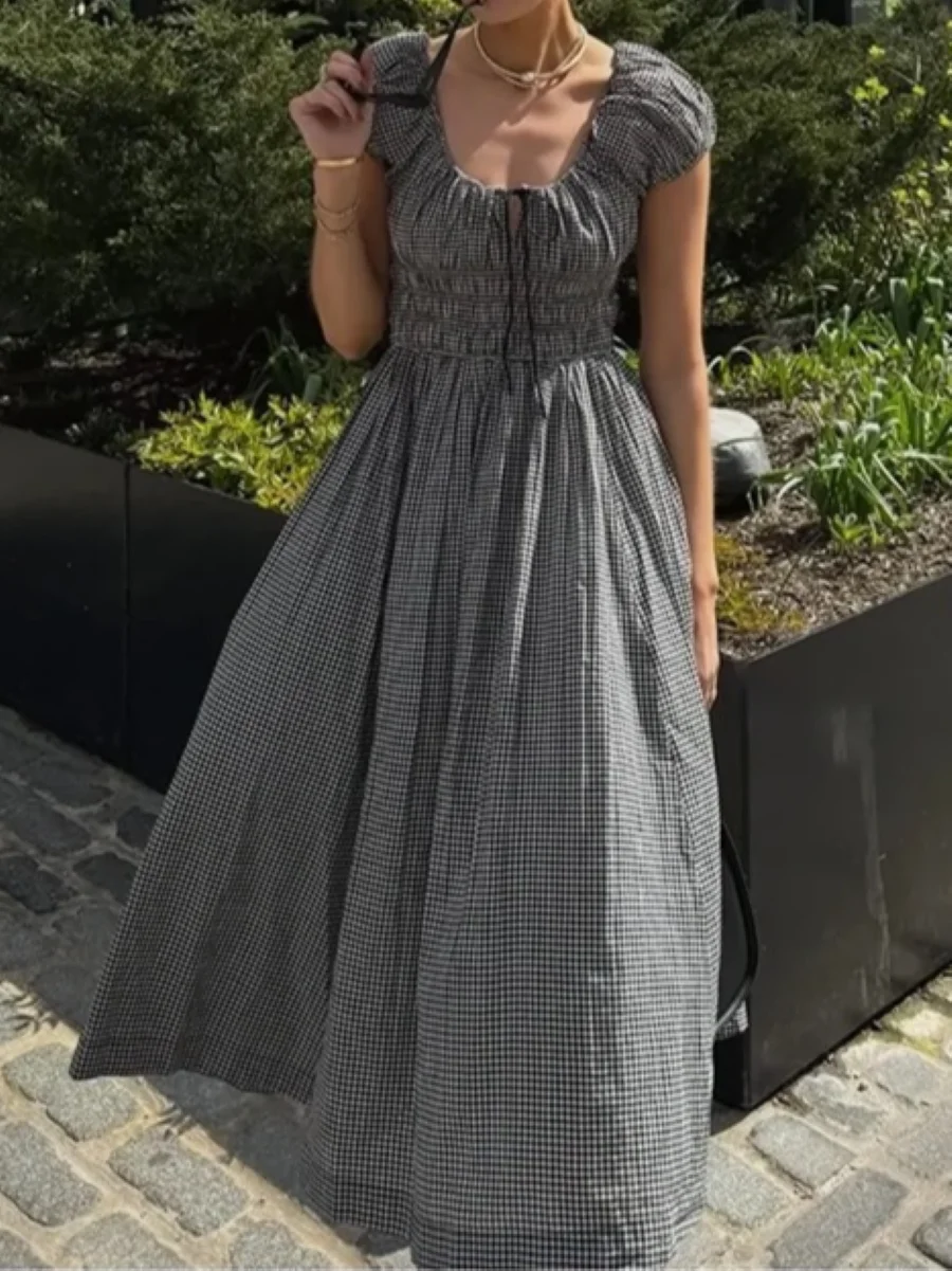 

Spring Summer Women Black Plaid Long Dress Lace-up Square Collar Short Puff Sleeve Elegant Ladies Robe
