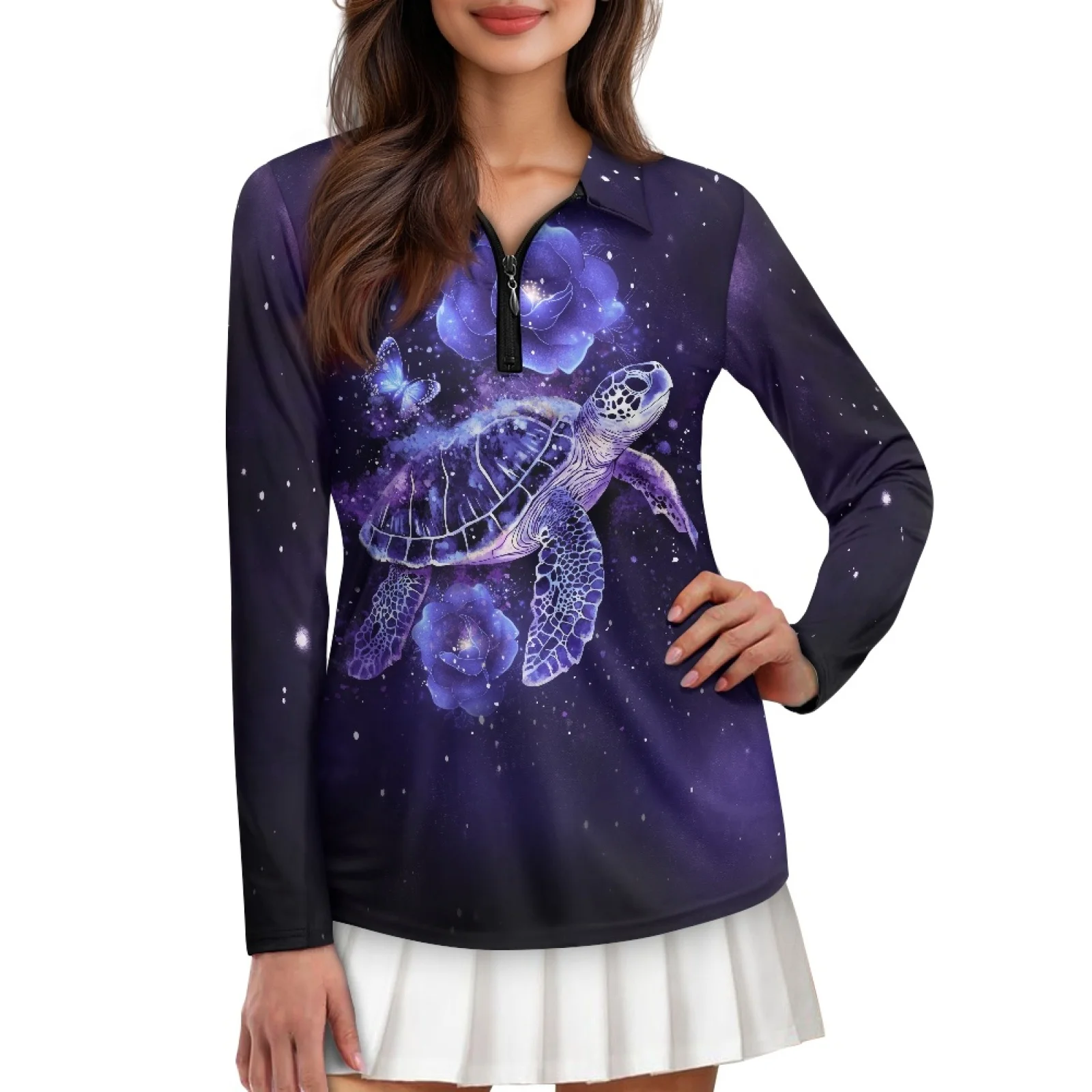 PENSTROLL Sea Turtle Print Womens Slim Fit Tennis Activewear Blouses Long Sleeve Tennis Polo Tops for Athletic