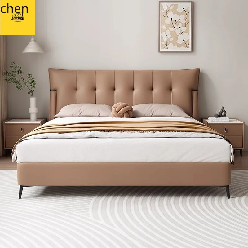YFY  Genuine Leather Bed Simple Master Bedroom Double Bed Waffle Soft Pack