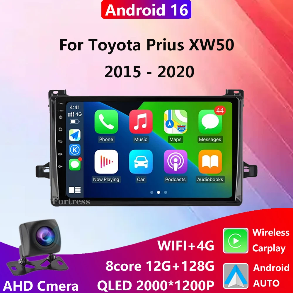 Для Toyota Prius XW50 2015-2020: Автомагнитола Android 16 с навигацией GPS, Android Auto, дисплеем Carplay, 4G (без 2DIN)