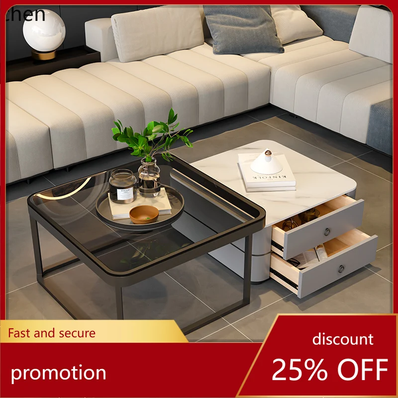 

HT square double-layer drawer coffee table table light luxury simple glass rock slab living room advanced sense