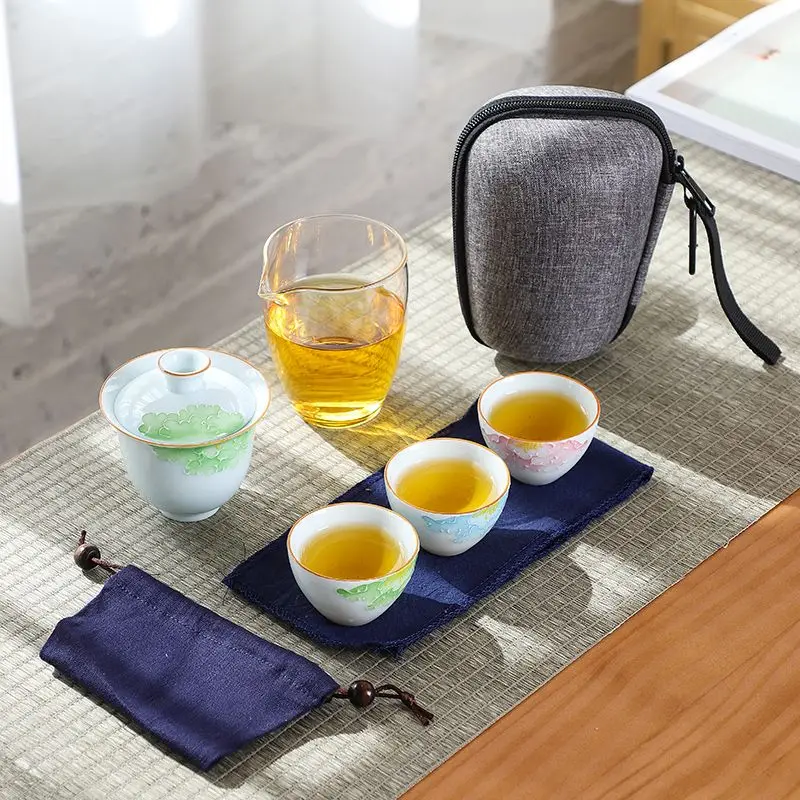 

Hand-painted GaiWan Travel Quick Cup Kung Fu Tea Set Portable Small Set 1 Pot 3 Cups Outdoor Ceramic Tea Brewer Friend Gift