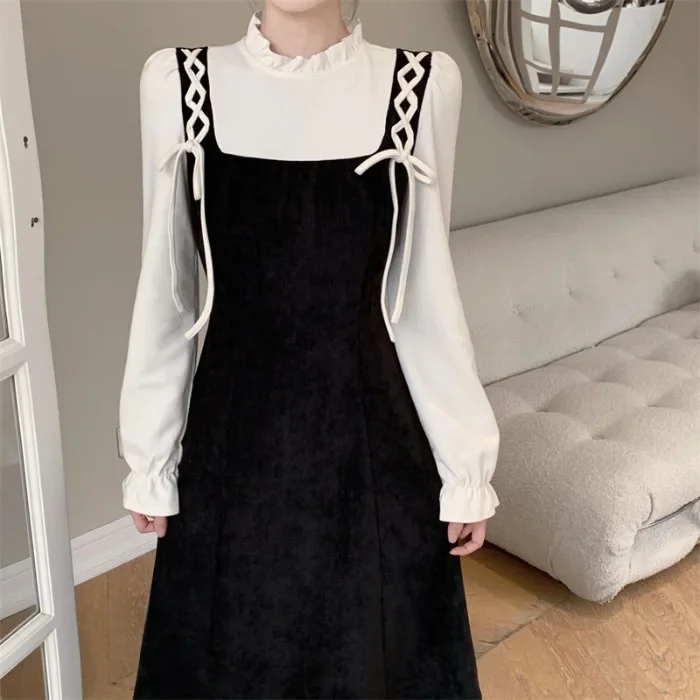 Losse midi-jurk met lange mouwen Nieuwjaar Student-stijl Dopamine Illusie Tweedelige jurk met strikknoop Polyestervezeljurk