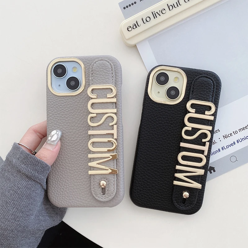 

Leather Phone Case for iPhone16 15 14 13 12 11ProMax 15 16Plus Personalized Letter Name wristband Cover