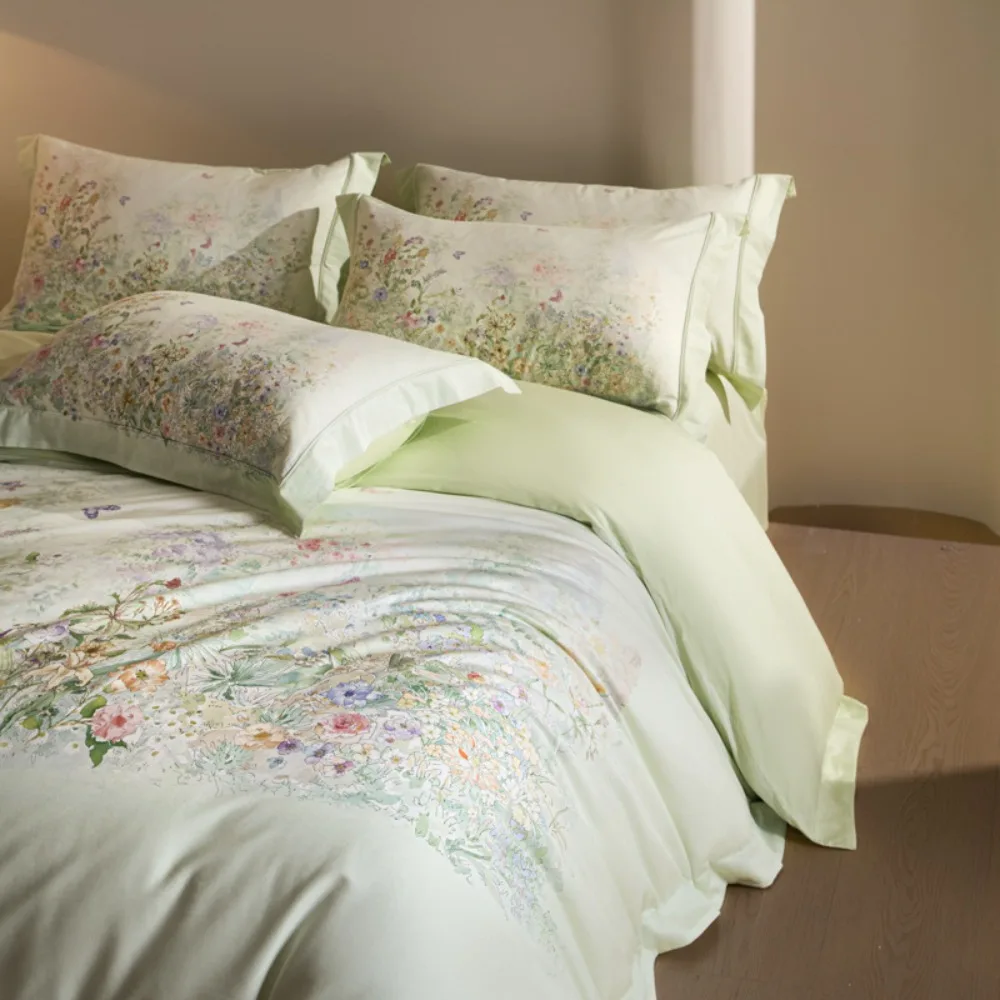 Pure Cotton Flower Printing Four-piece Set Wide-edge Flat/Fitted Bed Sheet Quilt Cover Pillowcases Bedding Set Home Textiles 6