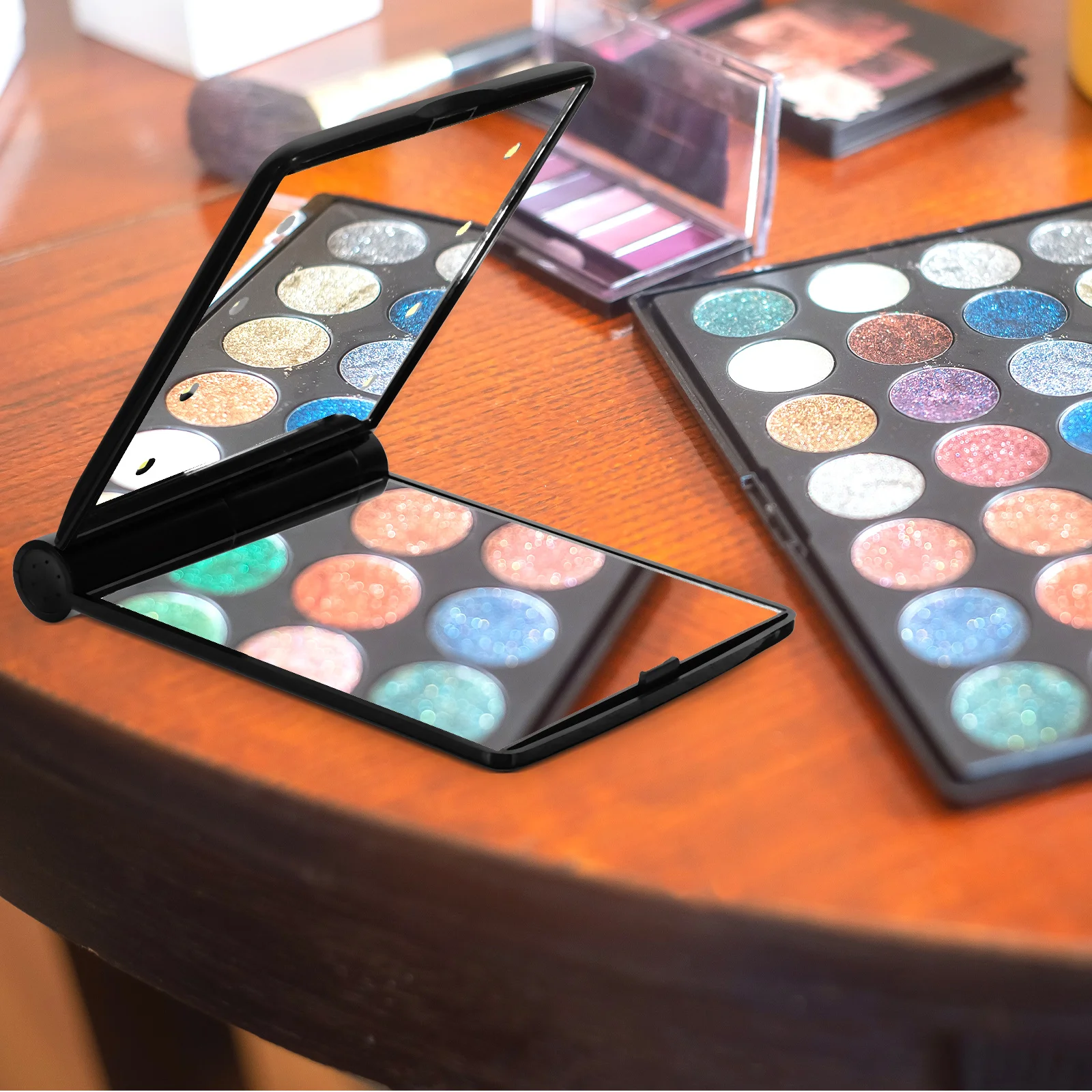 

Handheld LED Makeup Mirror Foldable Two-sided Black Mini for Purse Travel Girls High Definition Clear Surface Practical Pocket