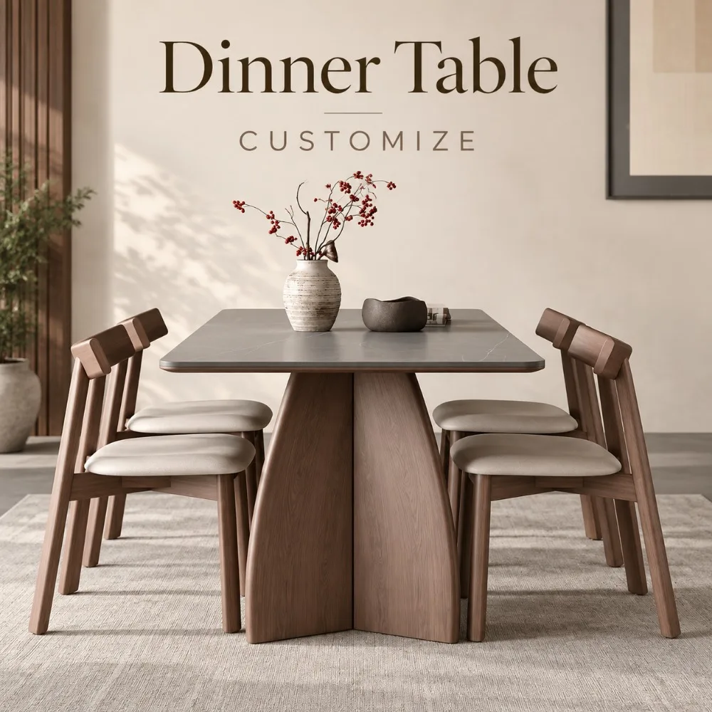 Solid Wood Sintered Stone Dining Table, Modern Simple Walnut Rectangular Macchiato Tabletop for  Apartment Household Dining Room