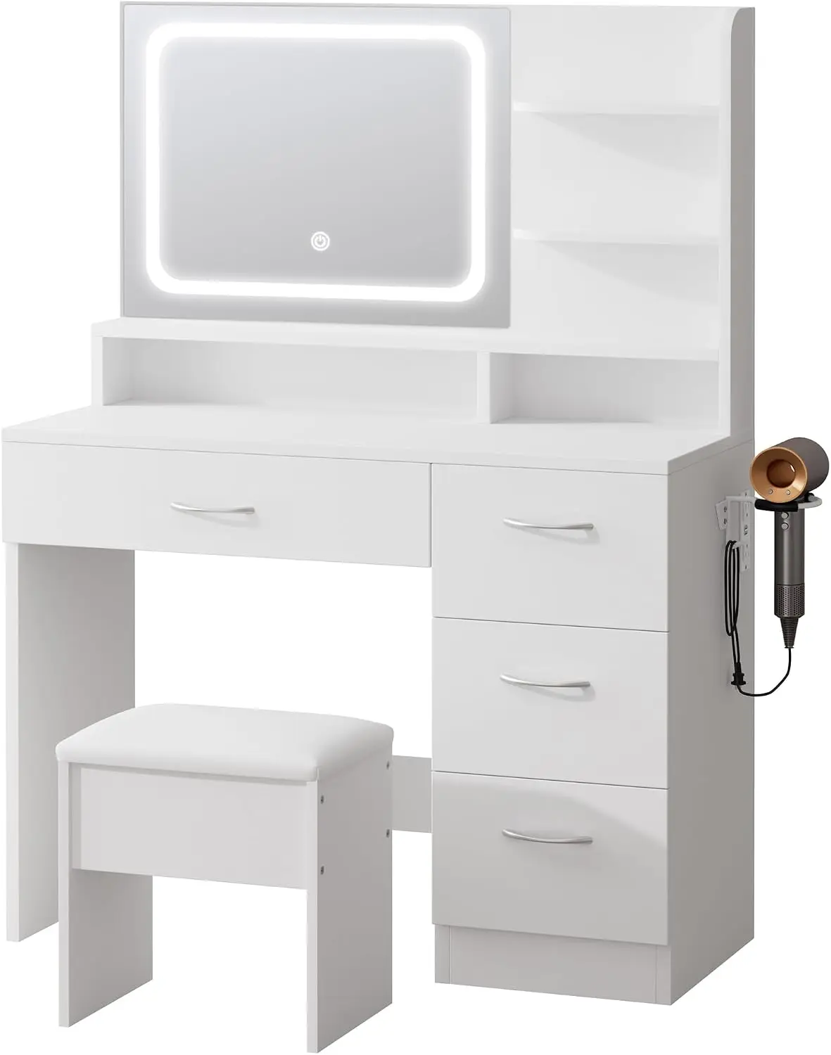 White Makeup Vanity Desk with Charging Station & 4 Drawers