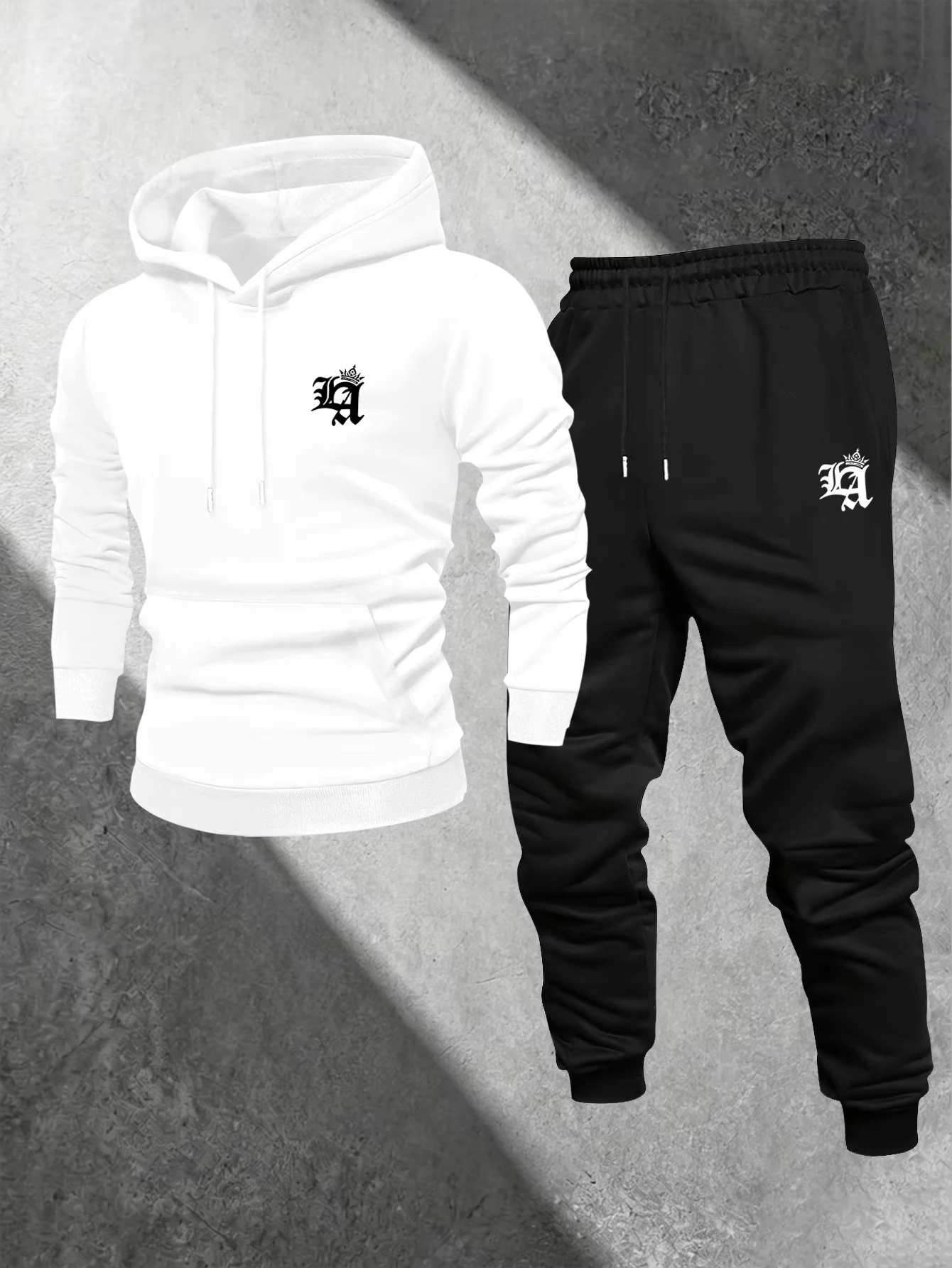 Fashion LA Crown Gothic Letter Print Men Tracksuit 2Pcs Hooded Sweatshirt Drawstring Jogger Pants Male Casual Street Sport Suit