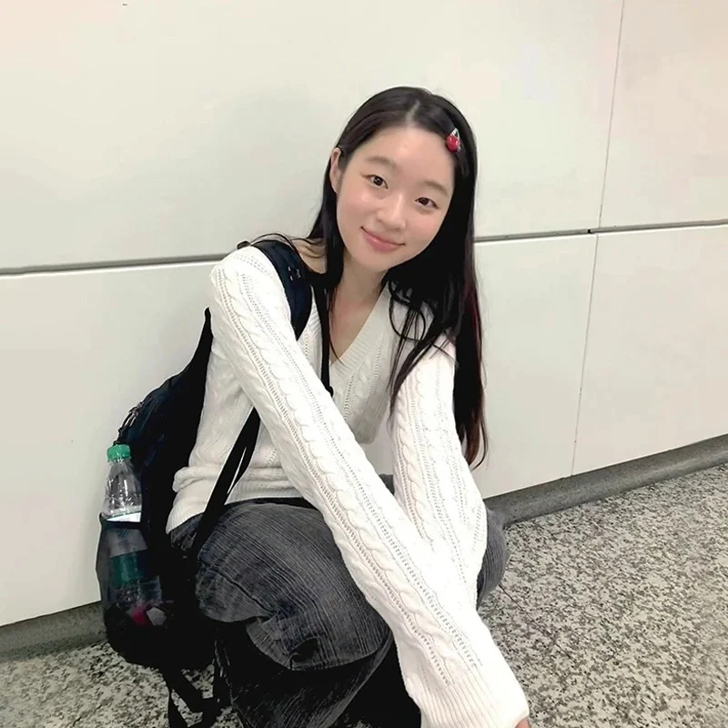 Deeptown Japanese V-neck White Sweaters Vintage Harajuku Y2k Knitted Pullover Korean Style 2000s Solid Casual Jumpers Aesthetics