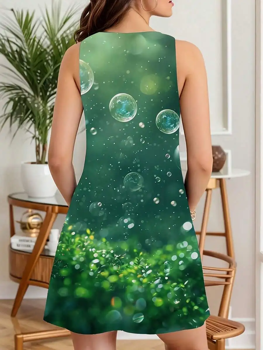 

Women Sleeveless Green Forest Bubble Print Summer Casual Dress