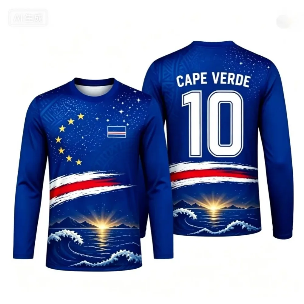 2026 Long-Sleeved T-Shirt Cape Verde Football Jersey Training T-Shirt 3D Printed Streetwear Men Women T-Shirt Sports Casual Top