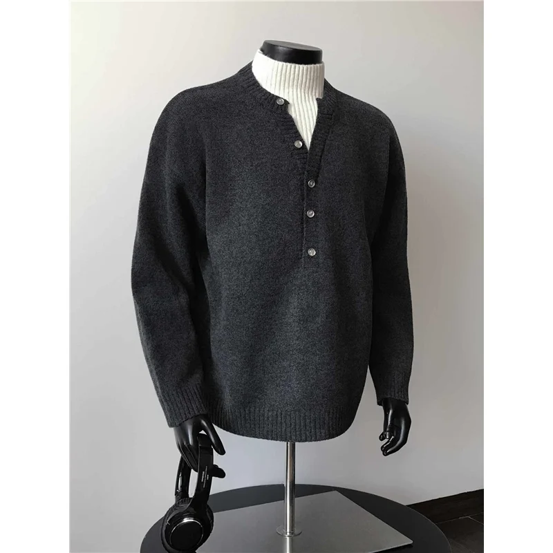 

Корейский люксовый мужской вязаный свитер с V-образным вырезом на пуговицах, теплый, с высоким воротником, зимний, модный, элегантный, не деформируется