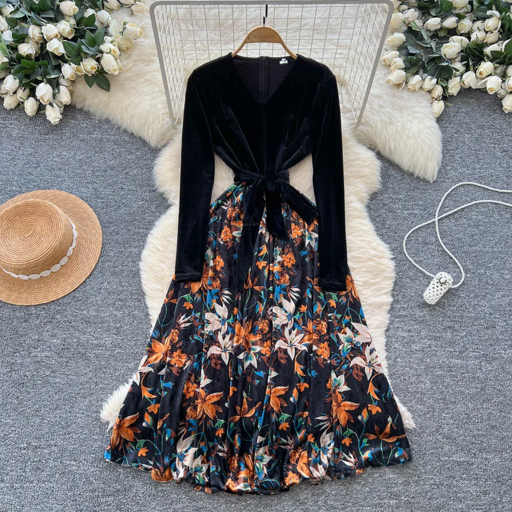 Sukienki patchworkowe damskie, sukienka z rozkloszowanym dołem, wzór w kwiaty, szarfy, linia A, długi rękaw, dekolt pół-V, długość do kostek, zamek błyskawiczny, luźna, elegancka, jesień 2025