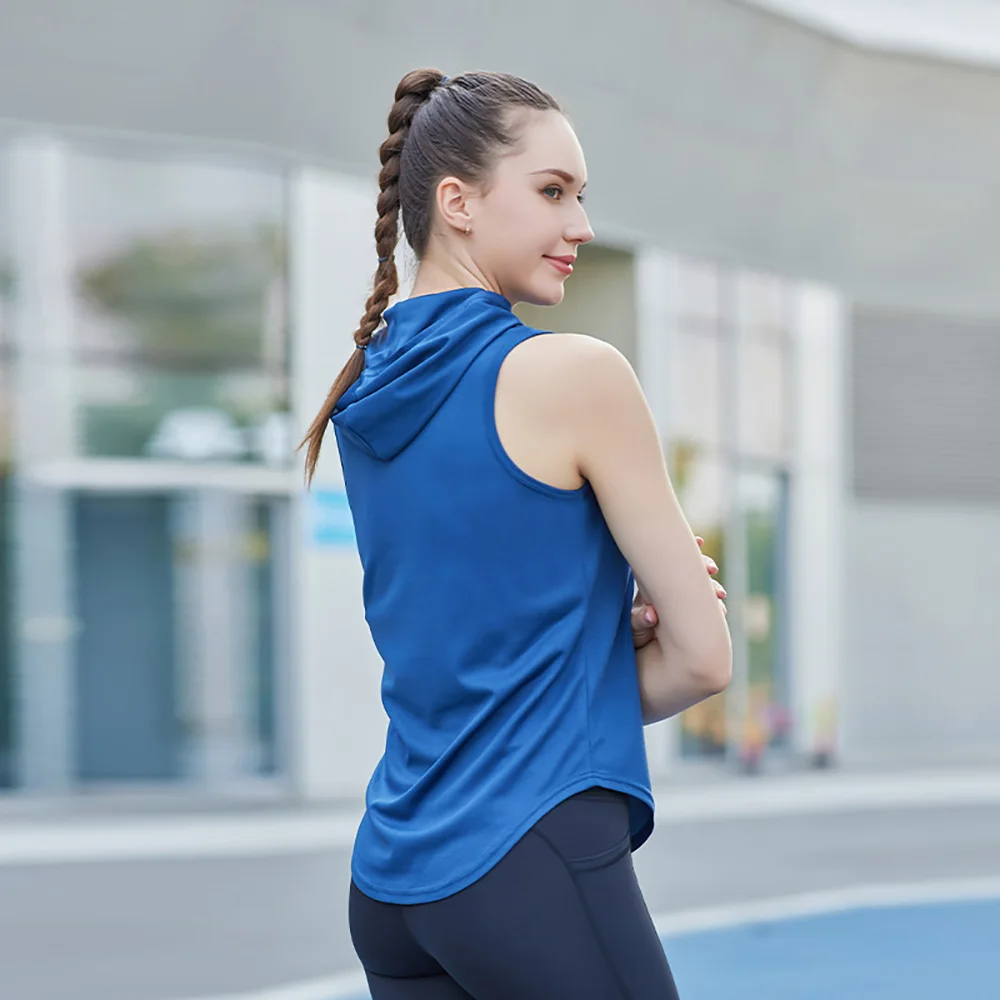 여성 운동 후드 탱크 요가 탑 러닝 셔츠 빠른 건조 체육관 민소매 탱크 탑 후드 운동 운동복
