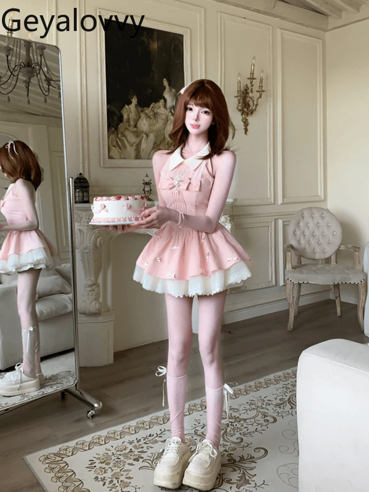Französisch Süße Mädchen Spitze Spleißen Bogen Hohe Taille Abnehmen Kurzes Kleid Weiblichkeit Sanfte Ärmellose Prinzessin Flauschigen Kleider